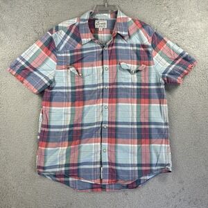 Lucky Brand Shirt Mens Large Blue Red Plaid Western Pearl‎ Snap Short Sleeve